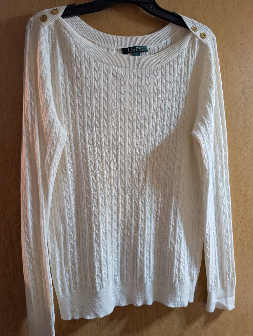 Ralph Lauren Cream Cable-Knit Boatneck Sweater with Gold Buttons